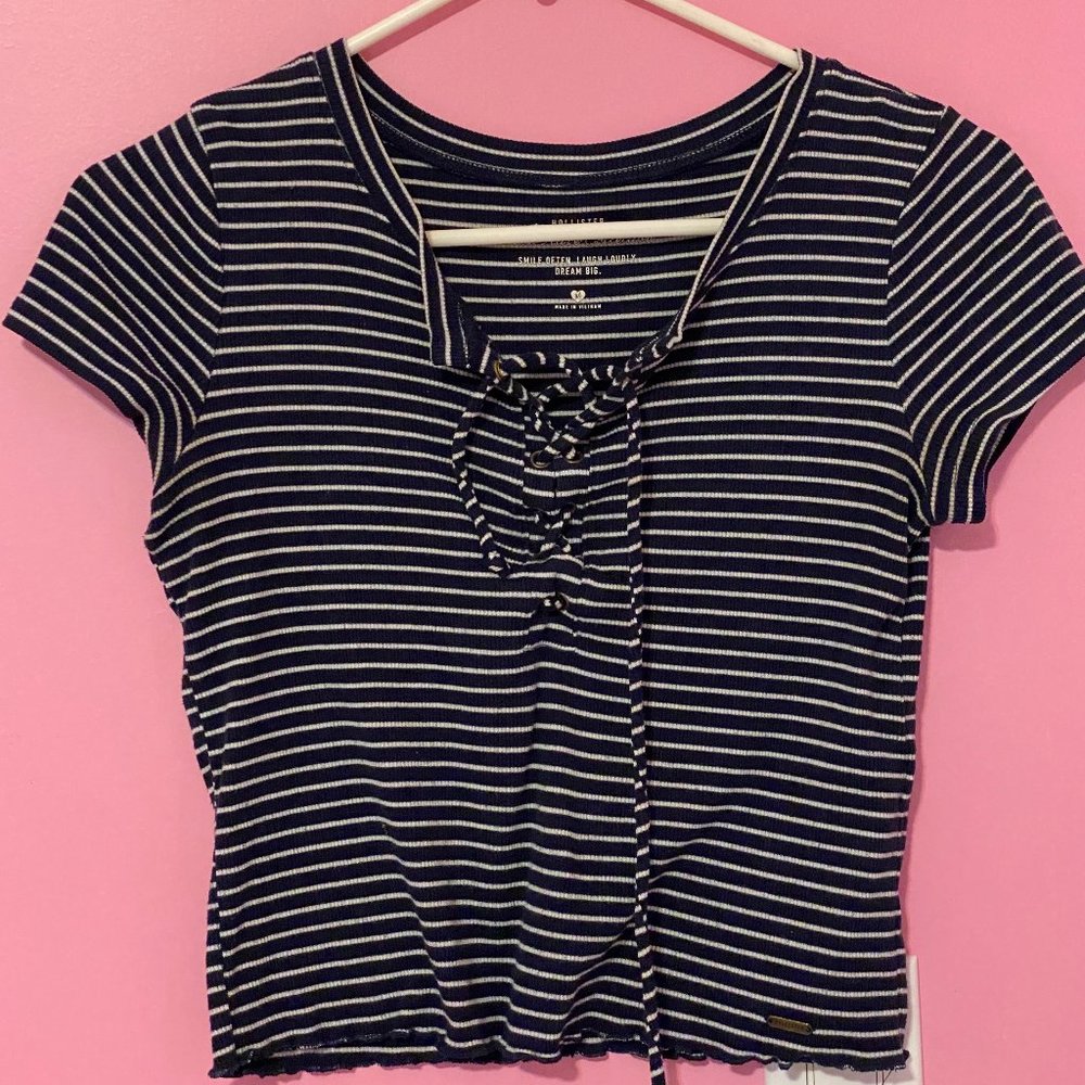 Navy blue crop top with white stripes